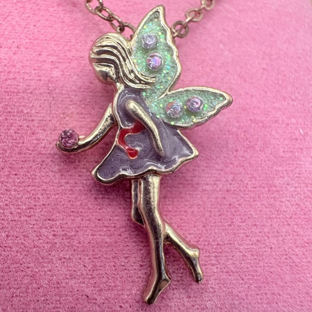 Whimsical Gold Tone Fairy Pendant Necklace Green Glitter Wings Pink Rhinestones